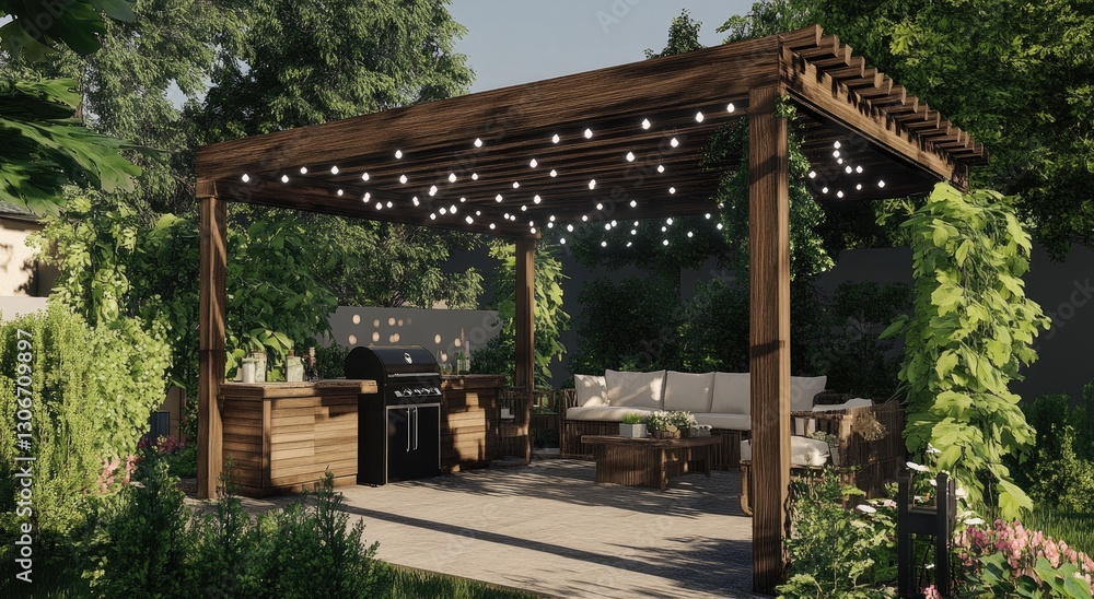 3D rendering of an outdoor wooden garden pavilion with a white canopy, on the deck there are a sofa and chairs for relaxing during summer days. 3D rendering of an outdoor wooden garden pavilion with a white canopy, on the deck there are a sofa and chairs for relaxing during summer days.