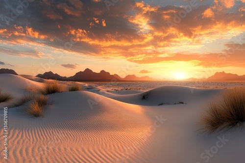 The dramatic dunes catch the golden light of the setting sun, emphasizing the beauty of the natural desert landscape, inviting viewers into a serene and enchanting moment. photo