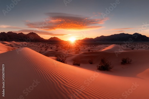 As the sun sets, the dunes are bathed in soft golden light, encapsulating a moment of tranquility and beauty in the vast expanse of the desert landscape. photo