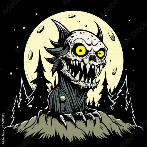 Spooky Skull Monster in Creepy Forest with Full Moon at Night   Dark Halloween Illustration