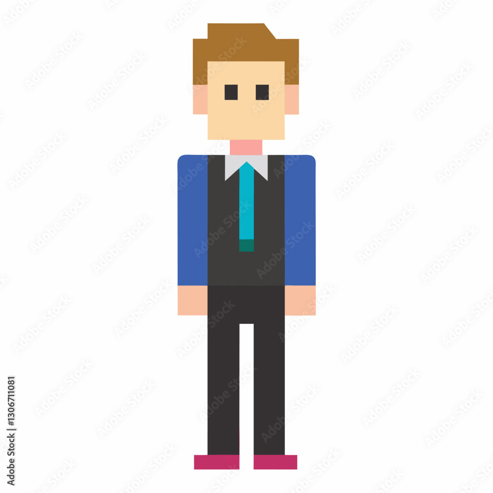 Pixel Art Man Character in Business Attire with Tie and Suit, Isolated on White Background Pixel Art Man Character in Business Attire with Tie and Suit, Isolated on White Background