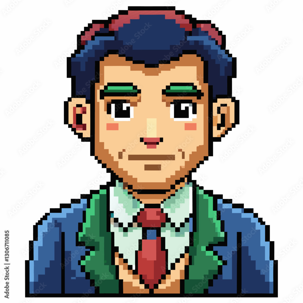 Fototapeta premium Pixel Art Businessman in Suit and Tie with Blue Hair and Eye Brows