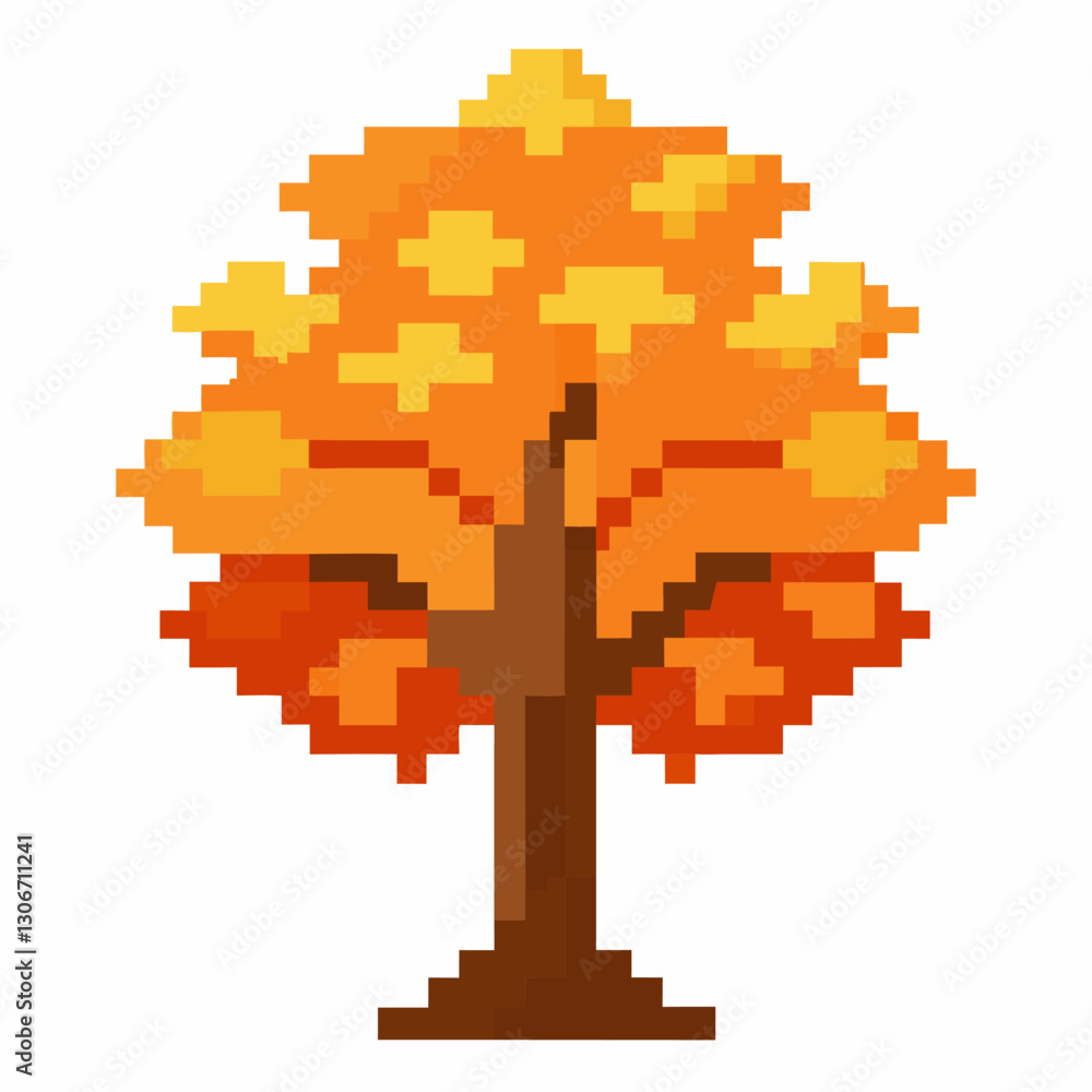 Fototapeta premium Pixel Art Autumn Tree with Vibrant Foliage and Digital Design Elements