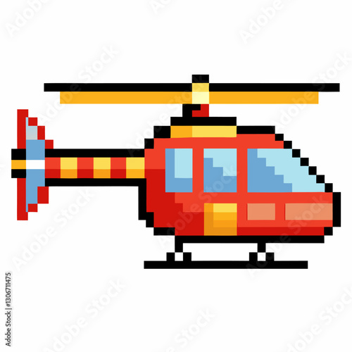 Pixel Art Red Helicopter Vector Illustration Isolated on White Background