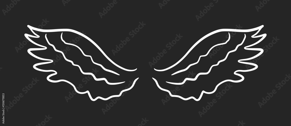 Obraz premium Doodle angel wing, vector sketch wings. Hand drawn bird tattoo silhouette. Illustration on black background. Fly symbol. Single element