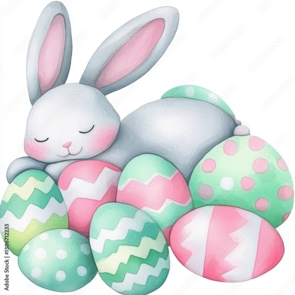 A soft pink bunny sleeping peacefully next to a pile of colorful, plush toys in a cozy setting. A soft pink bunny sleeping peacefully next to a pile of colorful, plush toys in a cozy setting.