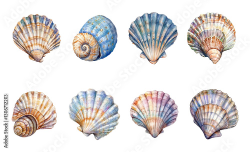 Watercolor set of sea shells. Marine and ocean shells. Sea and ocean elements. Mollusk shell concept. Watercolor sea and beach elements. Vector illustration.