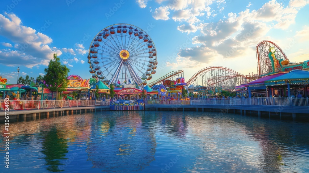 Obraz premium Spectacular amusement park scene with ferris wheel, roller coaster and water