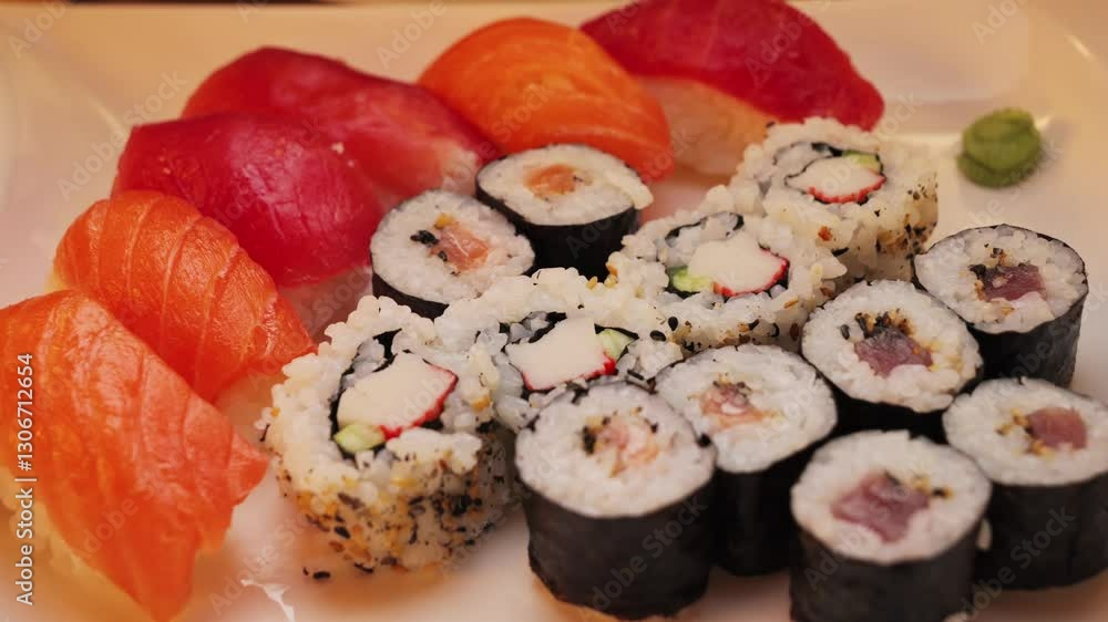 Various sushi rolls close-up. Ready to eat sushi. Concept of food delivery, takeaway. High quality 4k footage Various sushi rolls close-up. Ready to eat sushi. Concept of food delivery, takeaway. High quality 4k footage