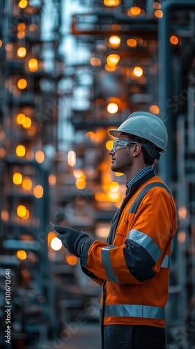 Complex refinery environment, an engineer giving safety instructions while heavy machinery blurs in the background