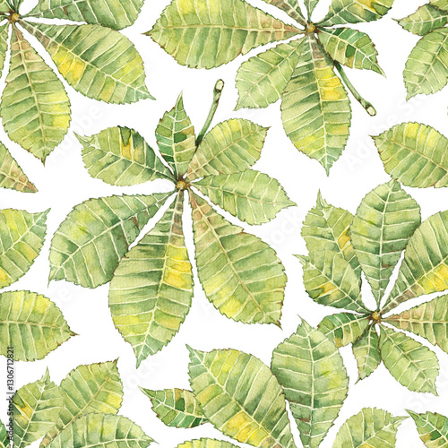 Seamless pattern of elements with chestnut, greenery, twigs, leaves and fruits. Hand drawn watercolor illustration isolated on white background