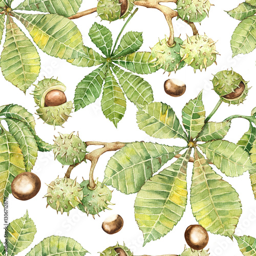 Seamless pattern of elements with chestnut, greenery, twigs, leaves and fruits. Hand drawn watercolor illustration isolated on white background