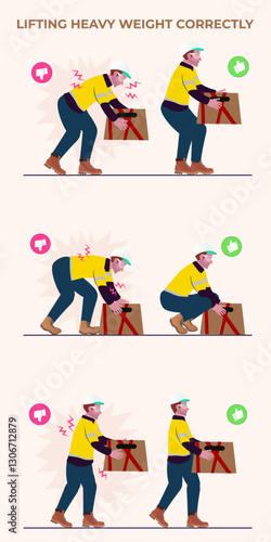 Carrying lifting heavy loads boxes a set of vector flat illustrations, Hand drawn posture correction infographics 2D Perfect for Animation