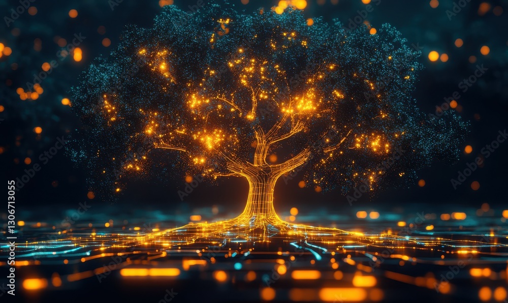 Naklejka premium Illuminated Technological Growth - Digital Tree with Glowing Branches and Nodes