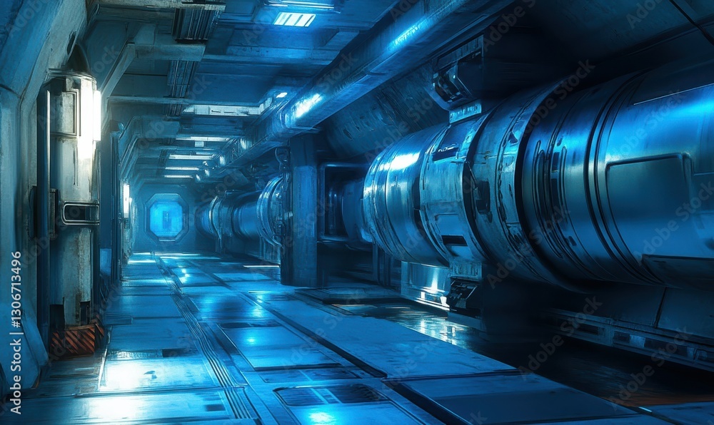 Fototapeta premium Industrial corridor with large metallic pipes and blue lighting.