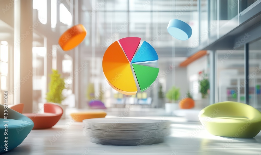Fototapeta premium Interactive Floating Pie Charts in a Modern Office Environment Showcasing Data Visualization Techniques for Engaging Presentations and Analysis