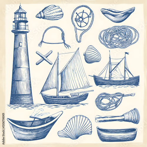 
A vintage nautical illustration in linocut style. Depicting sailboats, lighthouses, wooden rowboats, ropes, fishing nets, and seashells. Graphic style with a limited palette  photo