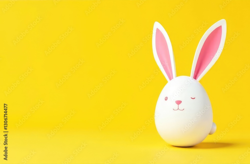 Fototapeta premium Festive Easter horizontal flyer, banner, header for website with white cracked egg and banny ears on a yellow background. Trendy Easter design with egg, bunny. Greeting card with text Happy Easter 