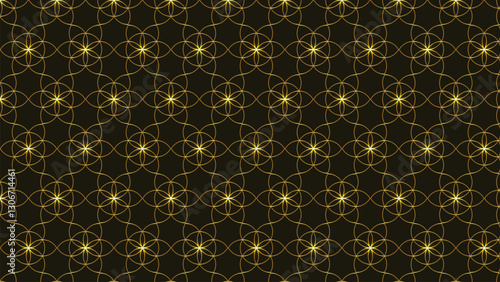 Geometric gold floral pattern. Abstract seamless background. Flower circle and element. Curved lines. Line art. Isolated on black. Pattern for web, printing, fashion, fabric, decoration, clothing.
