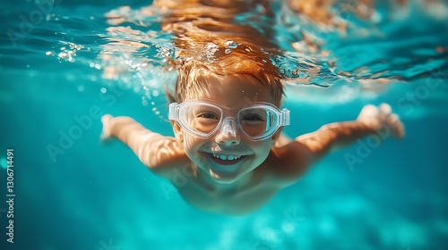 joyful kid swimming underwater with smile showcasing fun childhood summer holiday and refreshing aquatic activity in clear blue water