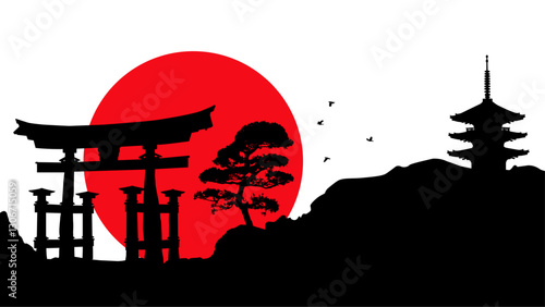 Japan scene, traditional Asian buildings. Black silhouette of Japanese landscape, torii gate, pine tree on a rock, flying birds, ancient pagoda, red sun. Vector illustration on transparent background