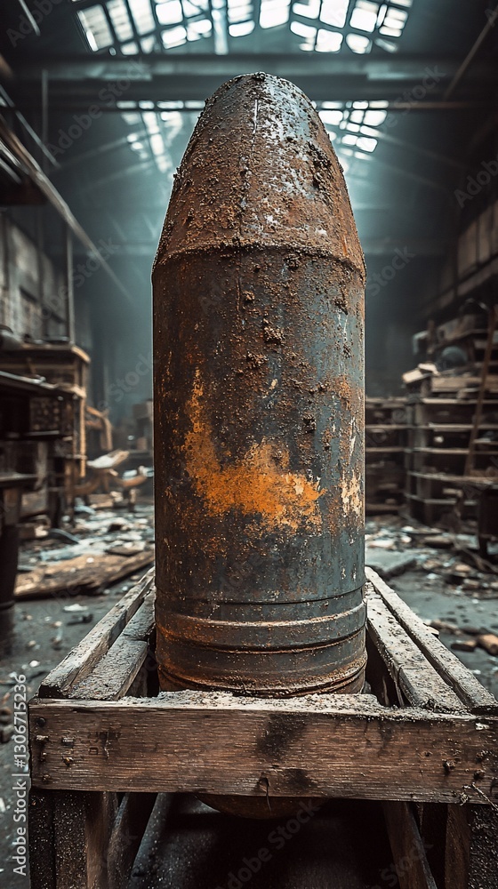 Rusty bomb shell, derelict factory, sunlight, decay, history Rusty bomb shell, derelict factory, sunlight, decay, history