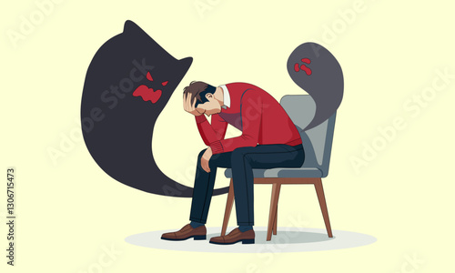 Depressed businessman, facepalm illustration, business design drawing frustrated businessman holding head sitting alone, Obsessive Headache, Fatigue attack