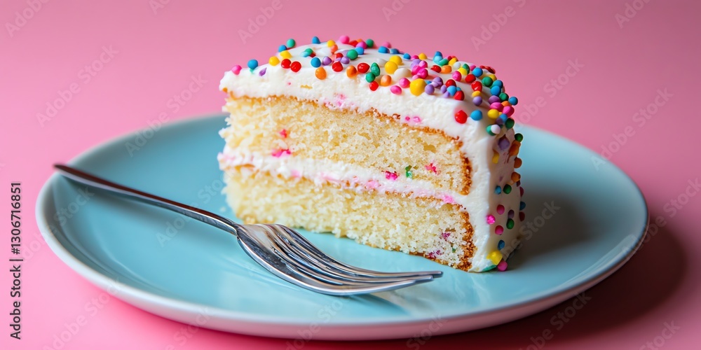 Delicious Slice of Vanilla Cake with Colorful Sprinkles on a Blue Plate