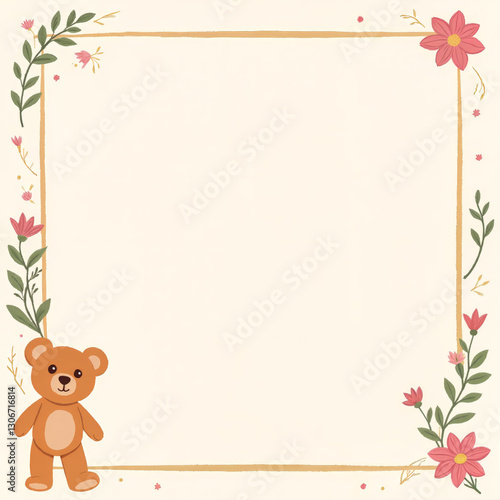 Cute teddy bear with floral frame on beige background
