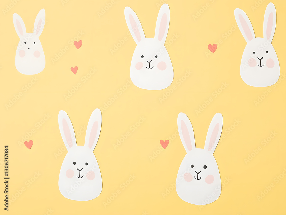 Fototapeta premium Cute and simple Easter wallpaper featuring minimalist bunny faces and hearts on yellow background, perfect for festive decoration