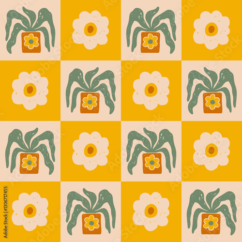 Mid Century Flowers Checkered Seamless Pattern. Hand drawn minimal vintage floral background with checkerboard chessboard texture chalk crayon drawing potted plant blossom. Vector illustration