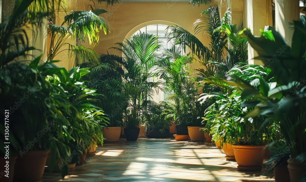 Fototapeta premium Lush green plants in pots arranged in a bright indoor setting.