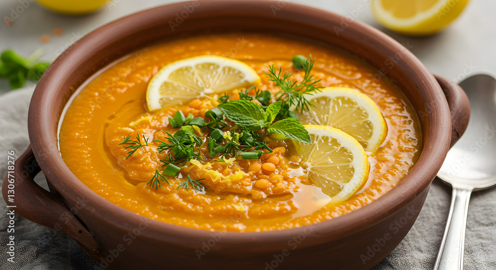 Delicious creamy carrot lentil soup with lemon garnish and fresh herbs hot on transparent background Delicious creamy carrot lentil soup with lemon garnish and fresh herbs hot on transparent background