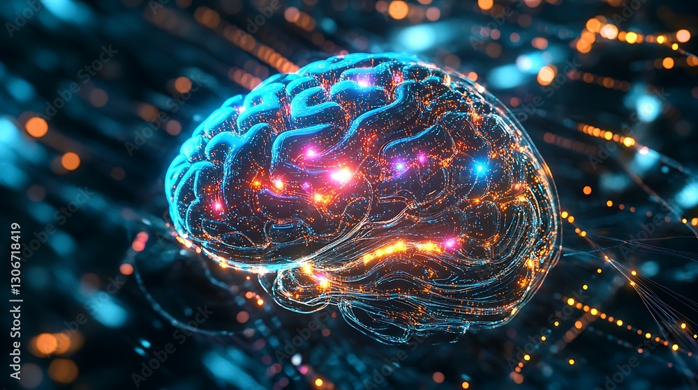 Digital AI Brain Processing: A close-up of an AI brain glowing with vibrant lights as it processes data Digital AI Brain Processing: A close-up of an AI brain glowing with vibrant lights as it processes data
