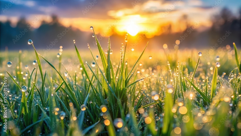 Fototapeta premium Softly dewy blades of grass glisten in the morning light