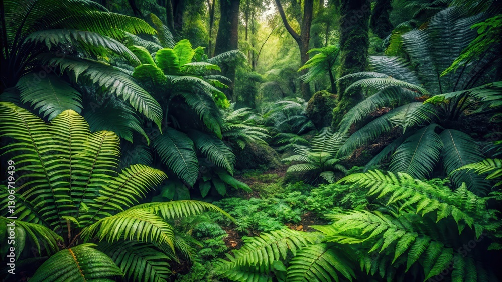Dark forest floor covered in thick exotic leaves with ferns and moss, foliage, dense foliage Dark forest floor covered in thick exotic leaves with ferns and moss, foliage, dense foliage