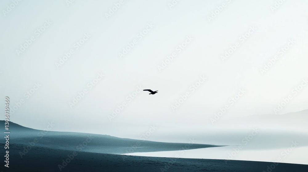 Fototapeta premium A bird soars gracefully above a misty landscape scene