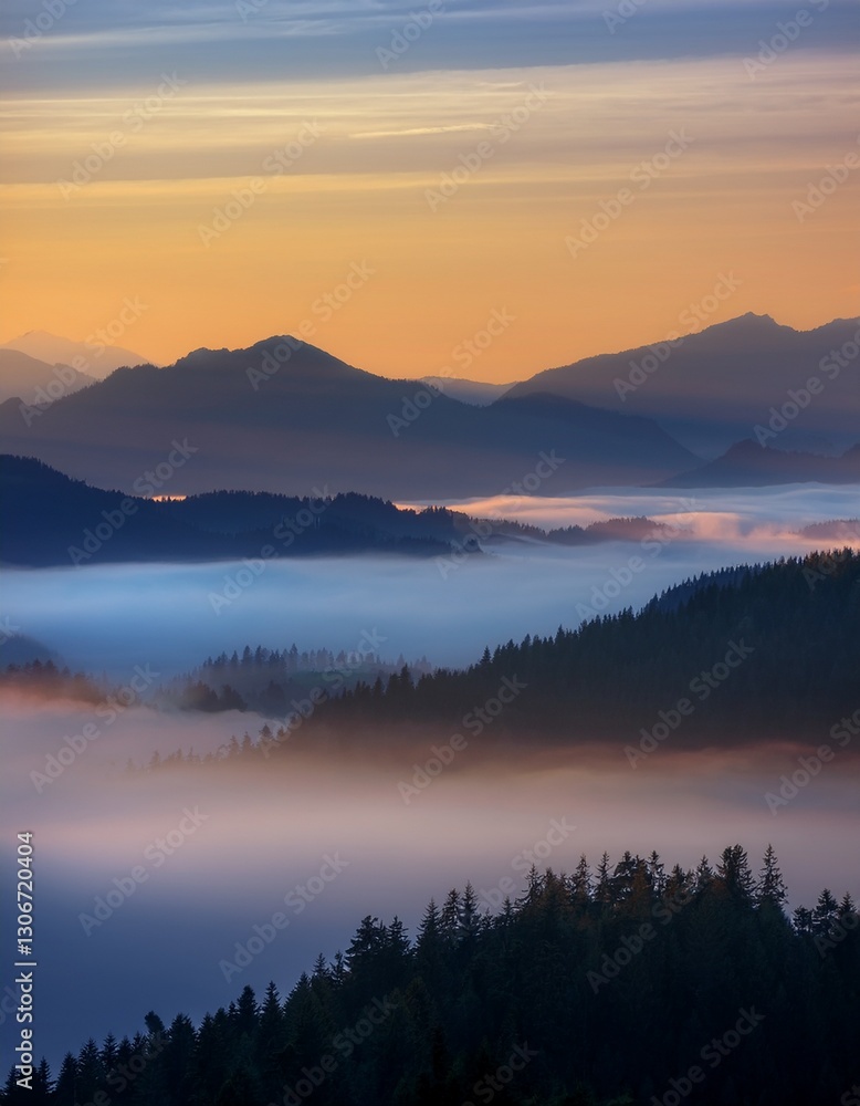 Fototapeta premium 薄明かりの中、朝霧が山々を柔らかく覆い、静寂と希望を感じさせる風景