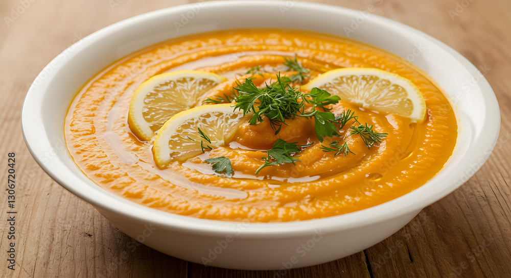 Delicious creamy carrot soup with lemon and herbs garnish eat food bowl on transparent background Delicious creamy carrot soup with lemon and herbs garnish eat food bowl on transparent background