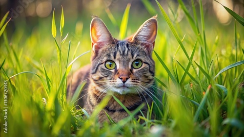 Eine Katze mit einem Gesicht wie ein Hase versteckt sich im Gras, camouflage, natur,  camouflage, natur, nature lover, tier photo