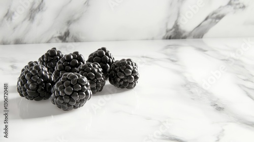 Plump blackberries on white marble surface, juicy and glossy, high contrast and minimal, ultra-detailed, 8k