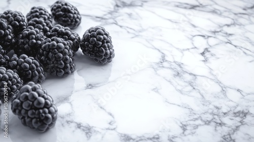 Plump blackberries on white marble surface, juicy and glossy, high contrast and minimal, ultra-detailed, 8k