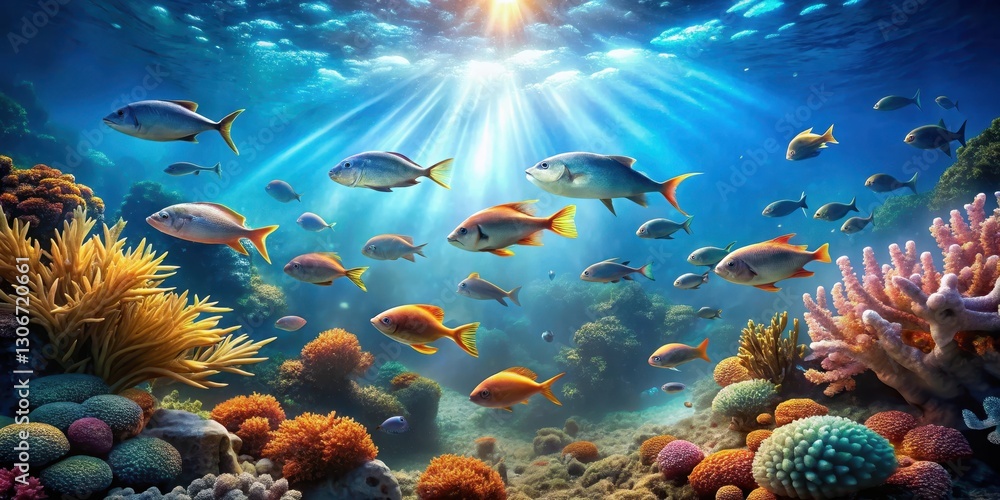 Obraz premium A serene underwater scene with a school of fish swimming in front of a blurred coral reef against a blue background with a soft bokeh effect, underwater, sea life