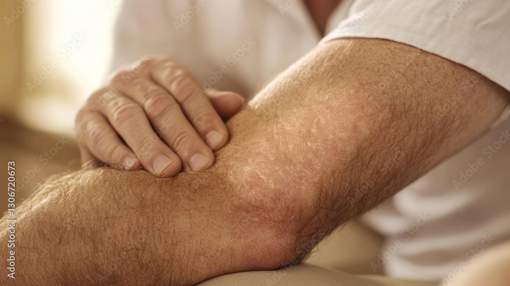 Fototapeta premium Close-Up View of Male Arm with Skin Condition and Gentle Touch
