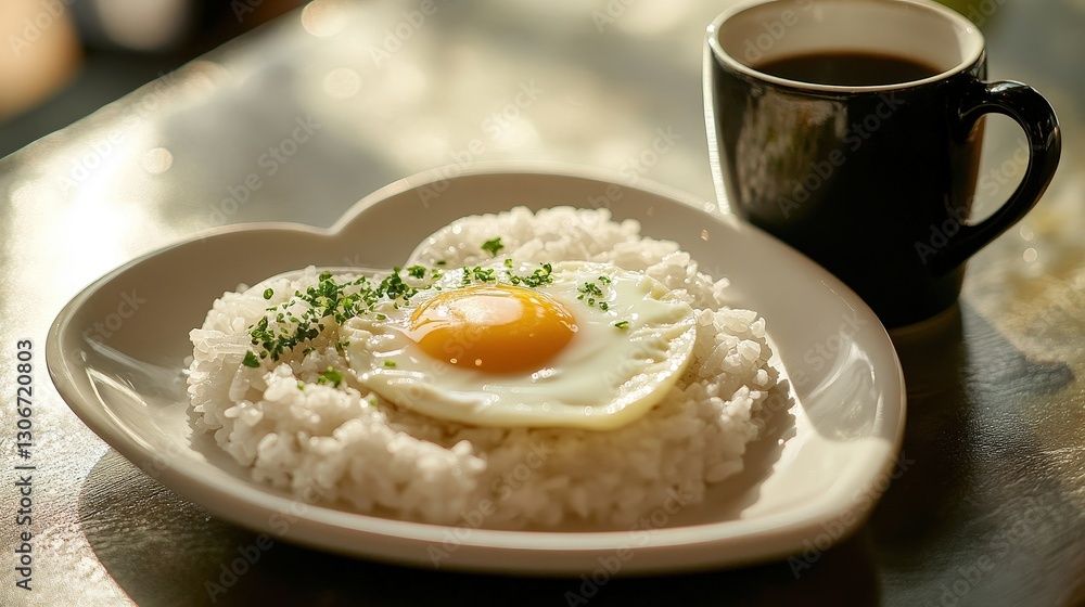 This meal, a heart-shaped egg dish, rice and a cup of coffee, represents the nourishing power of the world, offering food and comfort to all who eat it. This meal, a heart-shaped egg dish, rice and a cup of coffee, represents the nourishing power of the world, offering food and comfort to all who eat it.