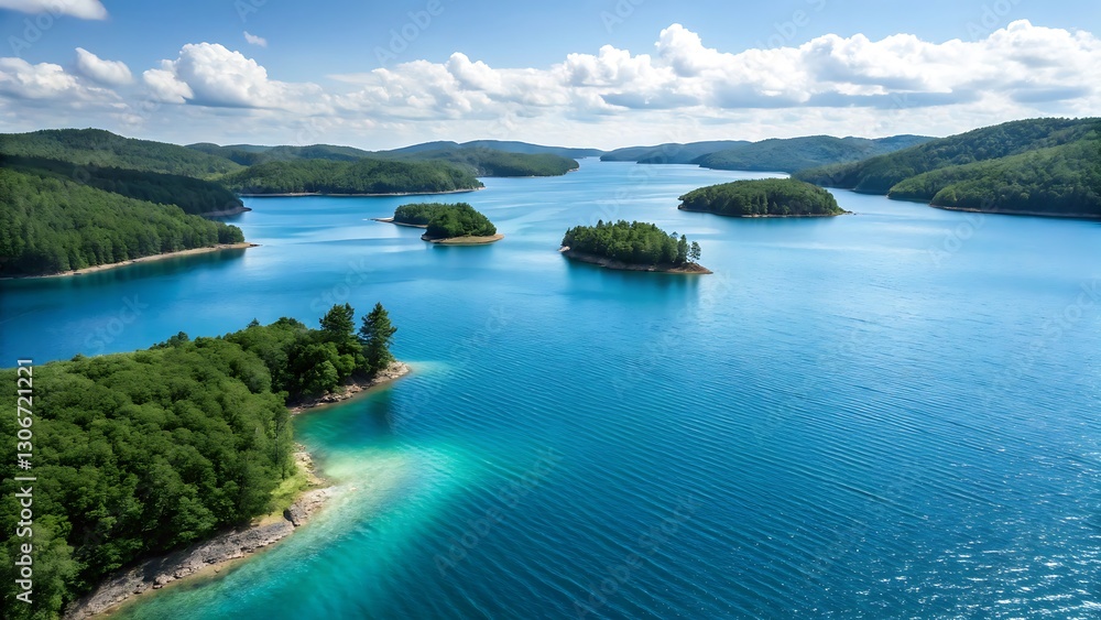 Serene landscape of a tranquil lake surrounded by lush greenery and rolling hills on a sunny day Serene landscape of a tranquil lake surrounded by lush greenery and rolling hills on a sunny day