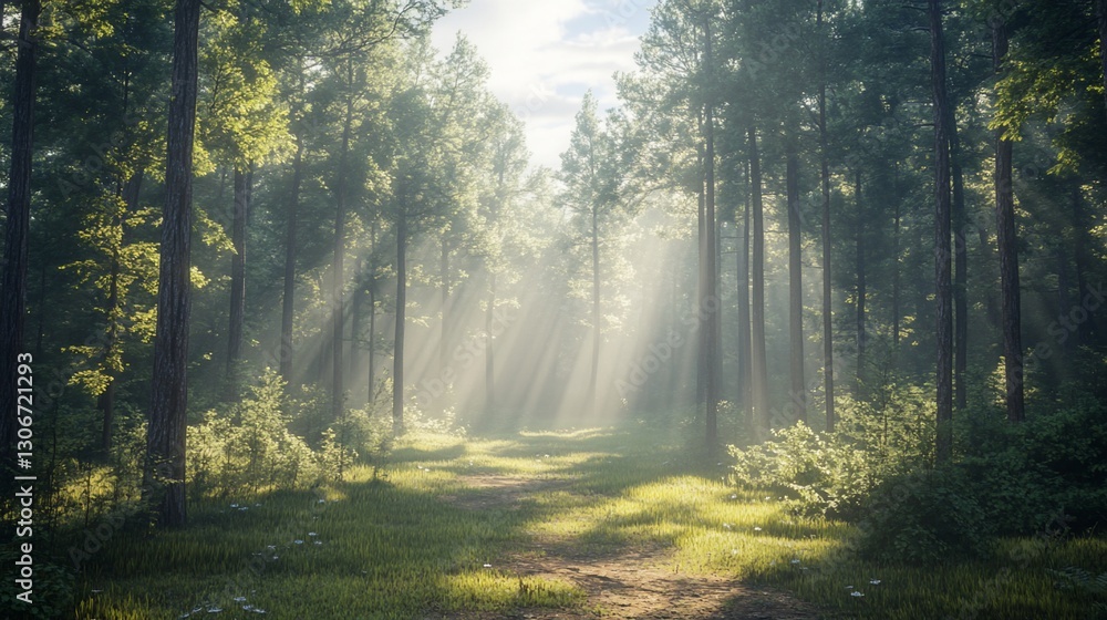 Sunbeams in Misty Forest Path Sunbeams in Misty Forest Path