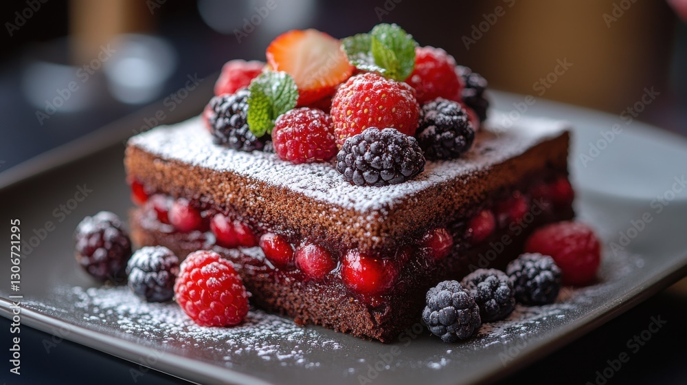 close up of chocolate cake topped with fresh berries and powdered sugar close up of chocolate cake topped with fresh berries and powdered sugar