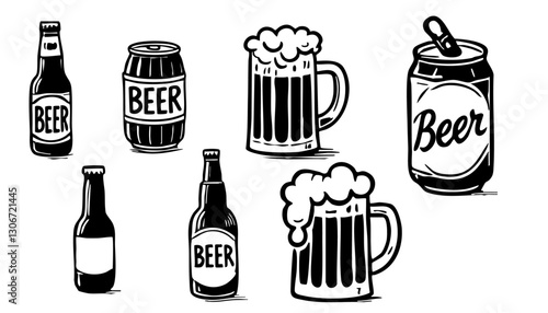 Beer black doodle icons set. 
Vector bottle and pint of beer. 