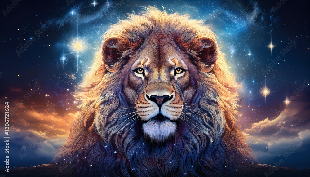 Majestic lion emerging from cosmic clouds and shining stars Majestic lion emerging from cosmic clouds and shining stars